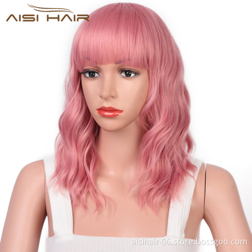 Aisi Hair Wholesale Top Quality Short Bob Pink Wig With Neat Bangs Synthetic Short Curly Wave Wigs For Black Women